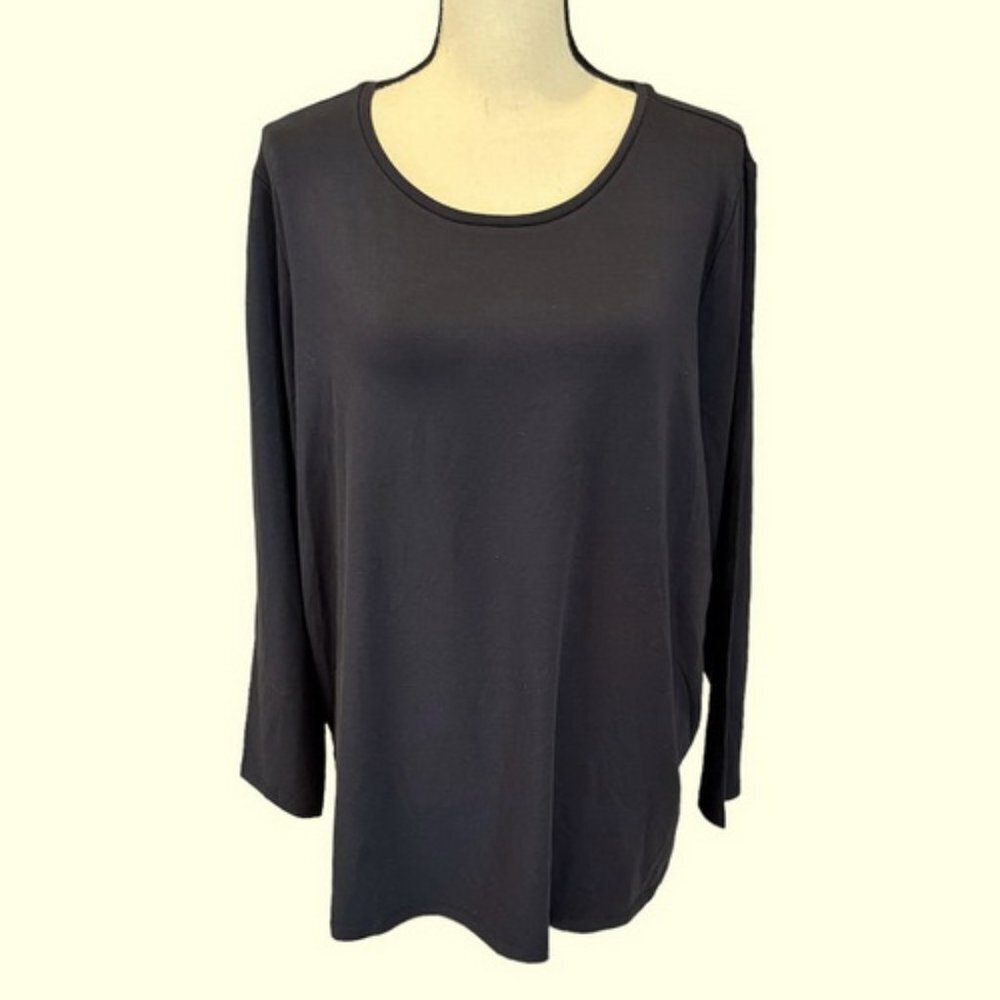 Eileen Fisher Blue Grey Stretch Jersey Knit Crew Neck Long Top